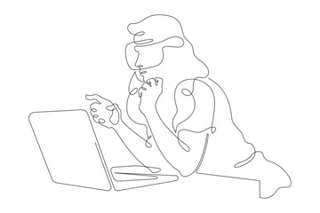 Continuous one line drawing woman sitting at laptop. Girl in virtual reality glasses. VR helmet.