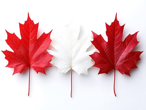 Red, white, maple leaves on white