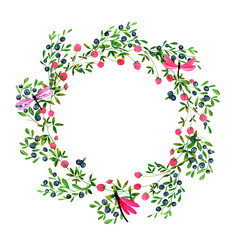 Set of round frames of watercolor berries and clover, butterflies, dragonflies, bumblebees. Fresh blueberries and clover flowers background. Clip art, design element