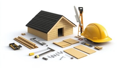 A single, ultra-detailed construction set with roofing shingles, insulation boards, and screws, on a pure white background, highlighting their high-quality finish with professional studio lighting