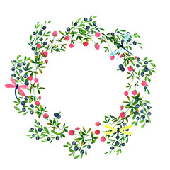 Set of round frames of watercolor berries and clover, butterflies, dragonflies, bumblebees. Fresh blueberries and clover flowers background. Clip art, design element