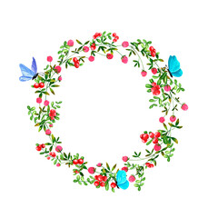 Red cowberry and clover flowers background. Set of round frames of watercolor berries and clover, dragonflies, butterflies, bumblebees. Clip art, design element.