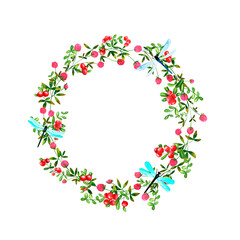 Red cowberry and clover flowers background. Set of round frames of watercolor berries and clover, dragonflies, butterflies, bumblebees. Clip art, design element.