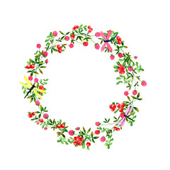 Red cowberry and clover flowers background. Set of round frames of watercolor berries and clover, dragonflies, butterflies, bumblebees. Clip art, design element.