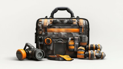 Obraz premium A single, ultra-detailed industrial safety kit, on a pure white background, highlighting its essential protective gear with professional studio lighting