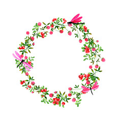 Red cowberry and clover flowers background. Set of round frames of watercolor berries and clover, dragonflies, butterflies, bumblebees. Clip art, design element.