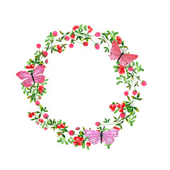 Red cowberry and clover flowers background. Set of round frames of watercolor berries and clover, dragonflies, butterflies, bumblebees. Clip art, design element.