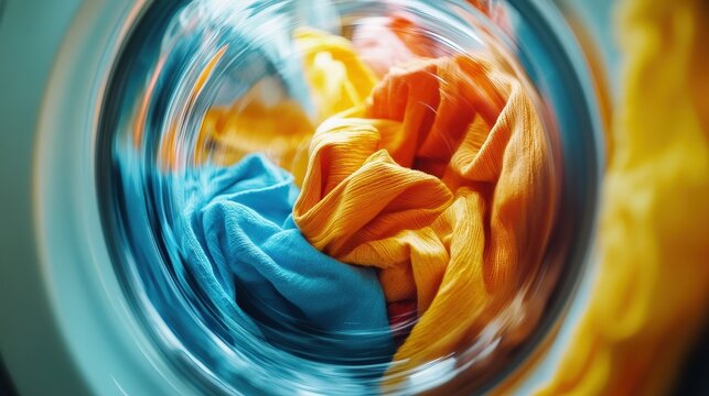 Washing vibrant clothes in a washing machine home laundry room close-up photography indoor circular view textile care