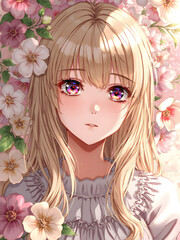 Fototapeta premium Chica de mirada encantadora en un fondo floral lleno de magia y color