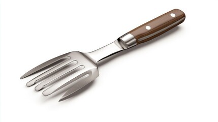 A single, ultra-detailed stainless steel BBQ grill tool set, on a pure white background, highlighting its heat-resistant handles and durable build with professional studio lighting