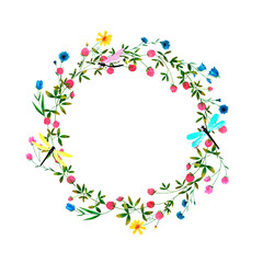 Round frame with clover and wild flowers. Hand drawn watercolor flowers, butterflies, dragonflies and bumblebees. Design for paper, background, menu, poster, textile, wallpaper, business cards.