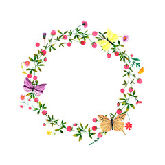 Watercolor round frame with wild flowers and clover, butterflies, bumblebees and dragonflies. Meadow plants. Clip art, design element.