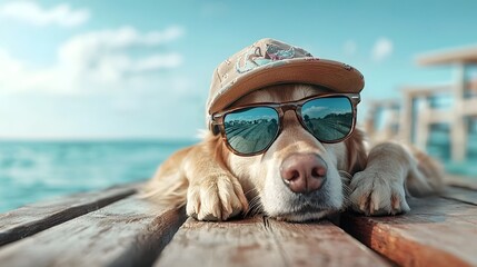 Adorable Alaskan Malamute dog relaxing on a wooden dock wearing stylish sunglasses and a comfortable sun cap  The scenic coastal landscape provides a peaceful
