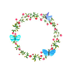 Watercolor wreath on white background. Summer round frame with clover, butterflies, dragonflies and bumblebees. Perfect for postcard, poster, card, invitations, wedding, birthday.