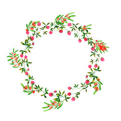 Set of round frames with watercolor sea buckthorn berries and wild flowers, butterflies, dragonflies and bumblebees. Clip art, design element.