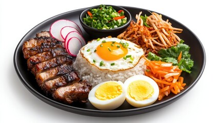 A single piece of broken Vietnamese rice cooked with special details, served with grilled pork, egg and pickled radish, on a plain white background.