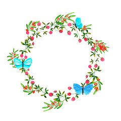 Set of round frames with watercolor sea buckthorn berries and wild flowers, butterflies, dragonflies and bumblebees. Clip art, design element.