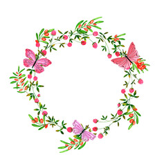 Set of round frames with watercolor sea buckthorn berries and wild flowers, butterflies, dragonflies and bumblebees. Clip art, design element.