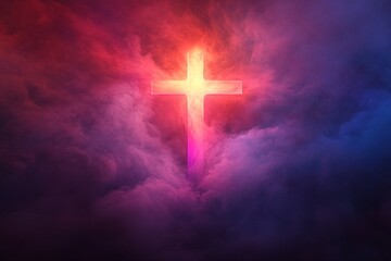 ash wednesday, Vibrant cross illuminated in cosmic backdrop, colorful spiritual symbol representing faith and hope, ideal for religious themes.