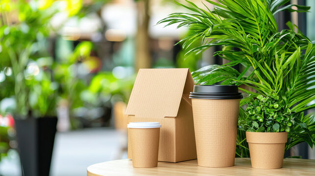Eco friendly packaging displayed with plants, featuring coffee cup, takeout box, and potted plant. This sustainable setup highlights importance of green choices