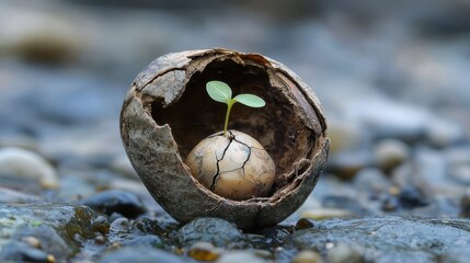 Obraz premium Green Sprout Emerging from Cracked Seed on Pebbled Ground