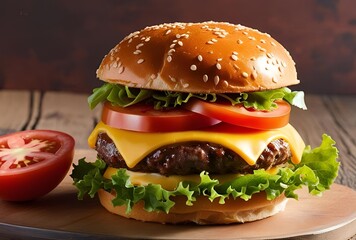 Classic Juicy Cheeseburger with Fresh Ingredients on Wooden Surface with tomatoes 
