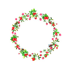 Fresh strawberries and clover flowers background. Set of round frames of watercolor berries and clover, dragonflies, butterflies, bumblebees. Clip art, design element.