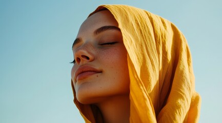 a beautiful model with closed eyes wearing a yellow headscarf