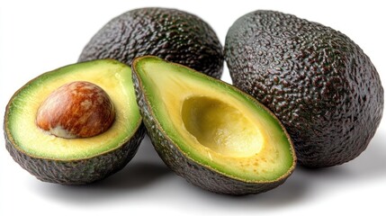 Fresh avocado halves and wholes on white background for healthy recipes