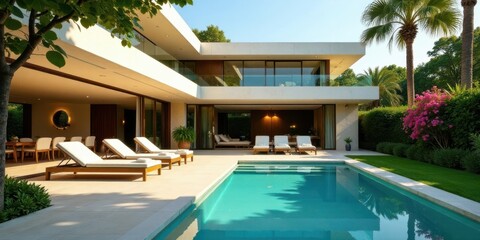 Fototapeta premium Luxury Modern Home with Infinity Pool and Lush Landscaping, Designed for Relaxation and Outdoor Living