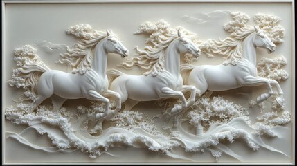 The stunning realism of white horses galloping gracefully and powerfully is captured on a marble background