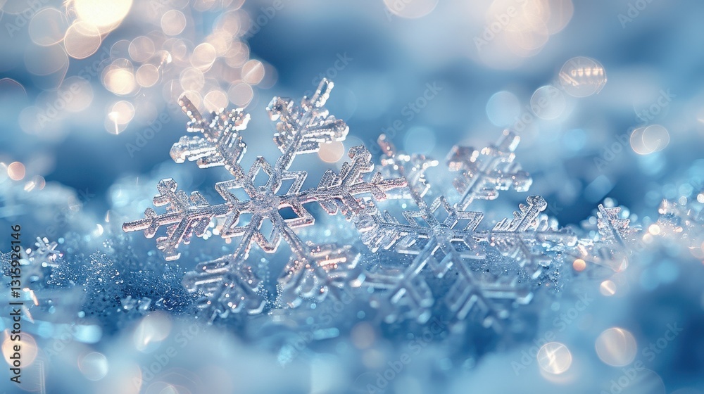Poster closeup of a delicate snowflake on a snowy surface with blue and white hues