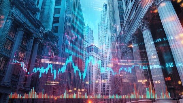 Urban financial district, stock market data overlay, city view, growth decline