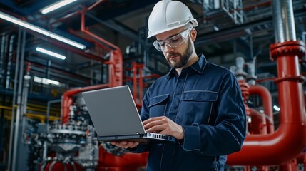 Industrial technician operating laptop in manufacturing facility high-tech environment close-up perspective workplace efficiency