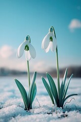 Two delicate snowdrop flowers blooming in the winter snow under a clear blue sky.