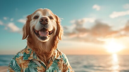 A cheerful Golden Retriever dog dressed in a fun tropical print shirt sitting on a wooden deck with the stunning sunset reflecting over the calm water in the background  The image offers a peaceful