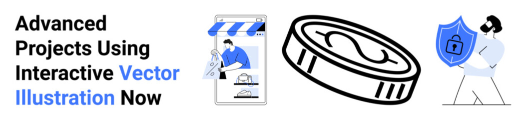 Digital storefront with customer interaction, coin representing online payment, and shield symbolizing cybersecurity. Ideal for e-commerce, fintech, innovation, security, marketing, design flat