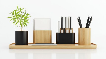 Detailed and sharp bamboo office desk set with file organizers and pen holders on a white background, ready for use in workspace branding and home office decor