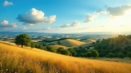 Obraz premium Serene Sunset Over Rolling Hills and Golden Fields, a Picturesque Pastoral Landscape with Lush Greenery and Solitary Trees under a Blue Sky