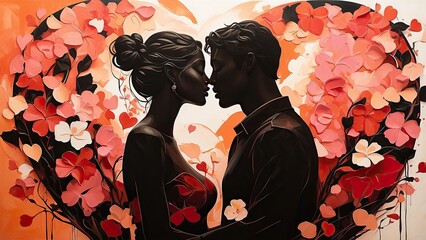 "Modern Love-Themed Design: Abstract Silhouettes of Two Faces with Heart Motifs and Floral Elements on a Vibrant Red Background – Perfect for Valentine's Day, Posters, and Cards."