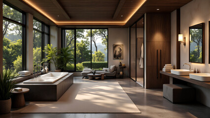 A modern and serene bathroom design featuring large windows, a spacious tub, and natural decor elements, merging comfort with elegance.