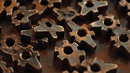 Close-Up View of Rusty Mechanical Gears and Cogs on an Industrial Workshop Surface