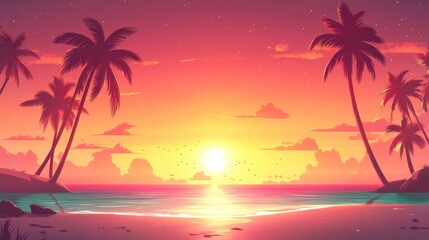 Obraz premium Vibrant sunset over a tropical beach, palm trees silhouette against a fiery sky. Perfect for travel, vacation, and summer themes, evokes relaxation and paradise.