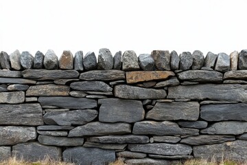 A solitary ancient stone wall set against a white background, suitable for projects and designs with historical or nature themes