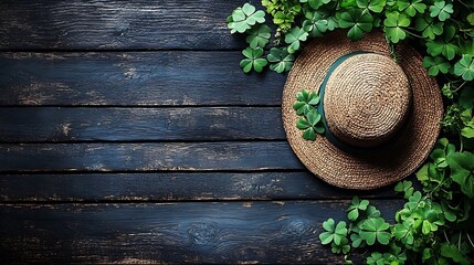 Elegant Irish themed holiday hat with clover details arranged on dark wooden planks
