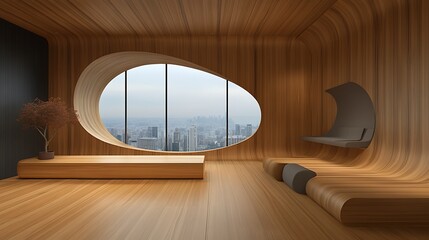 Obraz premium Modern Wooden Interior Design: 3D Render of a City View Room AI Generated