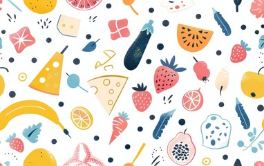 Colorful Seamless Pattern of Fruits Vegetables and Cheese
