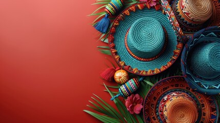 Colorful Sombreros and Festive Decorations on Red Background