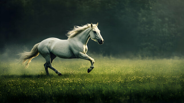 A majestic white horse gallops across a vibrant green field, its mane and tail flowing in the wind. The setting sun casts a warm glow, creating a serene and magical atmosphere.