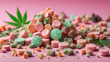 1. "Colorful Cannabis Leaf-Shaped Lollipops with Sprinkles on a Pink Pastel Background – Fun Edible Design and Sweet Treat Concept"
